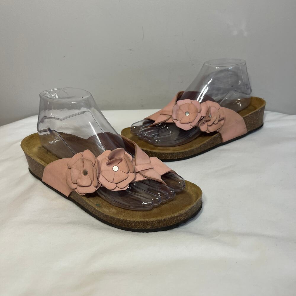 Autenti Sandals Pink Flower Leather Thong Casual Comfort Walking Vacation 39/8